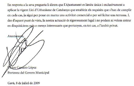 Resposta de l'Ajuntament de Gav� a la pregunta d'ERC-Gav� sobre la terrassa de l'establiment Bonito33 de Gav� Mar (8 Juliol 2009)